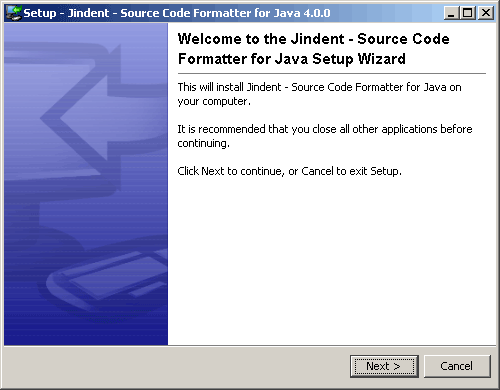 Jindent's installation screen