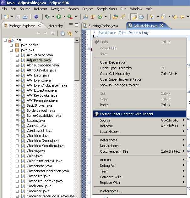 Jindent menu item in editor's context menu