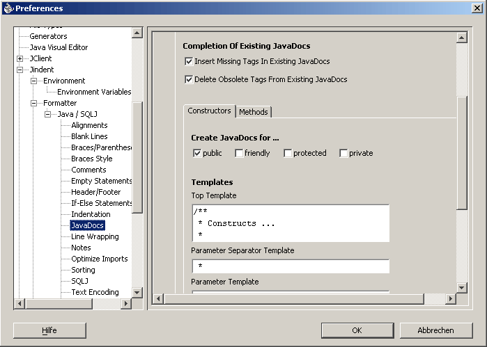 Settings of Jindent plugin