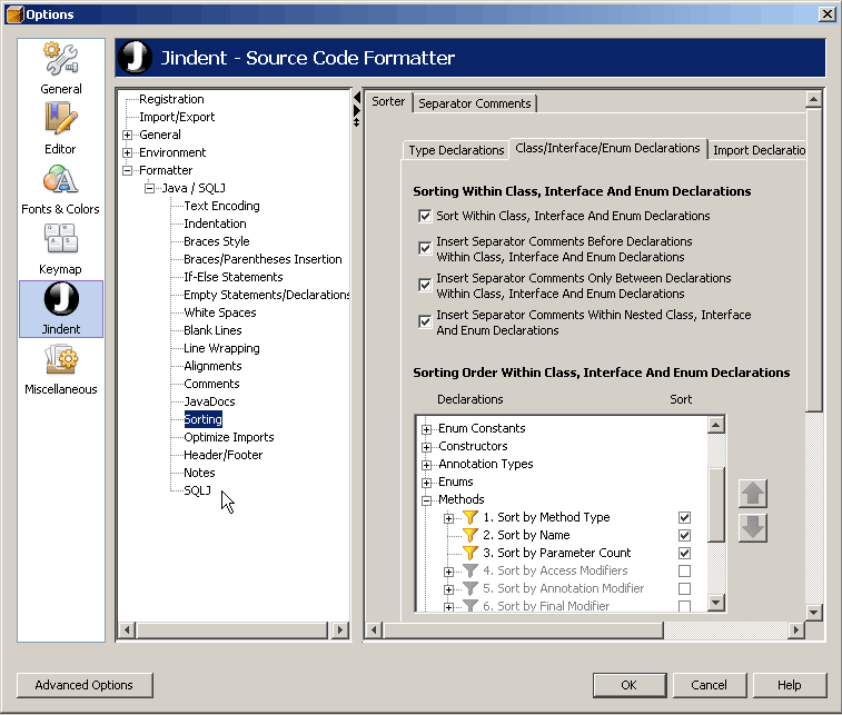 Options of Jindent module