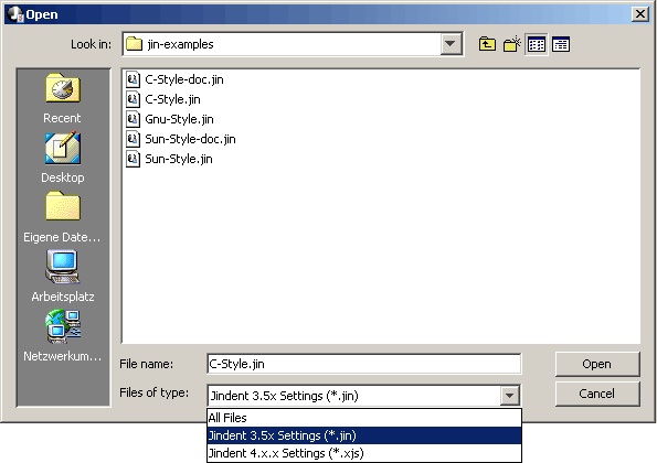 Jindent's settings file dialog