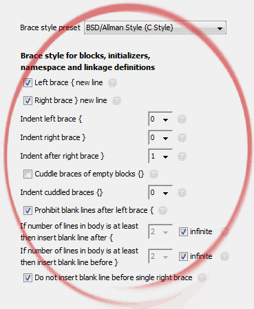 Brace style for blocks, initializers,
	namespace and linkage definitions