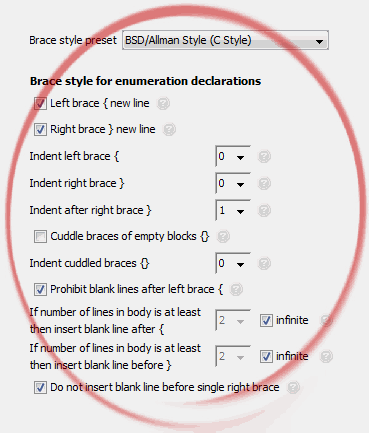 Brace style for enumeration declarations