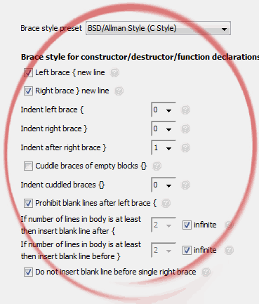 Brace style for constructor/destructor/function declarations