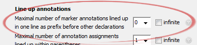Maximal number of marker annotations lined up
	in one line as prefix before other declarations